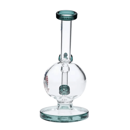 A front view of the 7-inch Cabana Cannabis Co. Surf Water Pipe in teal glass, highlighting its curved neck and simple design.