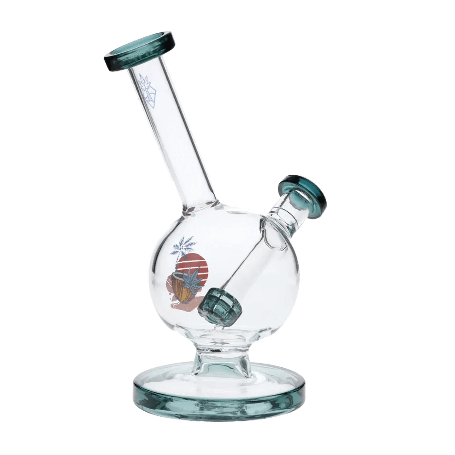 A front view of the 7-inch Cabana Cannabis Co. Surf Water Pipe in teal glass, showcasing its curved neck and circular base.