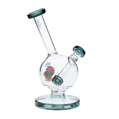 A front view of the 7-inch Cabana Cannabis Co. Surf Water Pipe in teal glass, showcasing its curved neck and circular base.