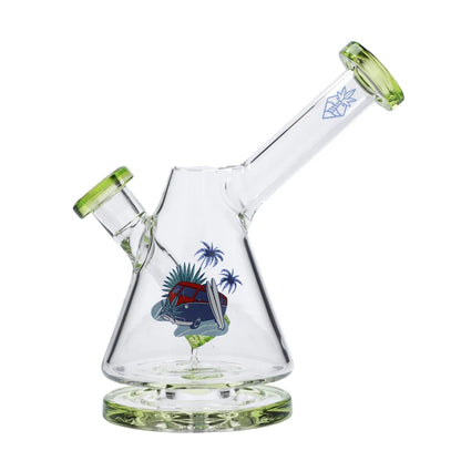 A three-quarter view of the 7-inch Cabana Cannabis Co. Reef Water Pipe in green glass, showcasing its curved neck and simple base.