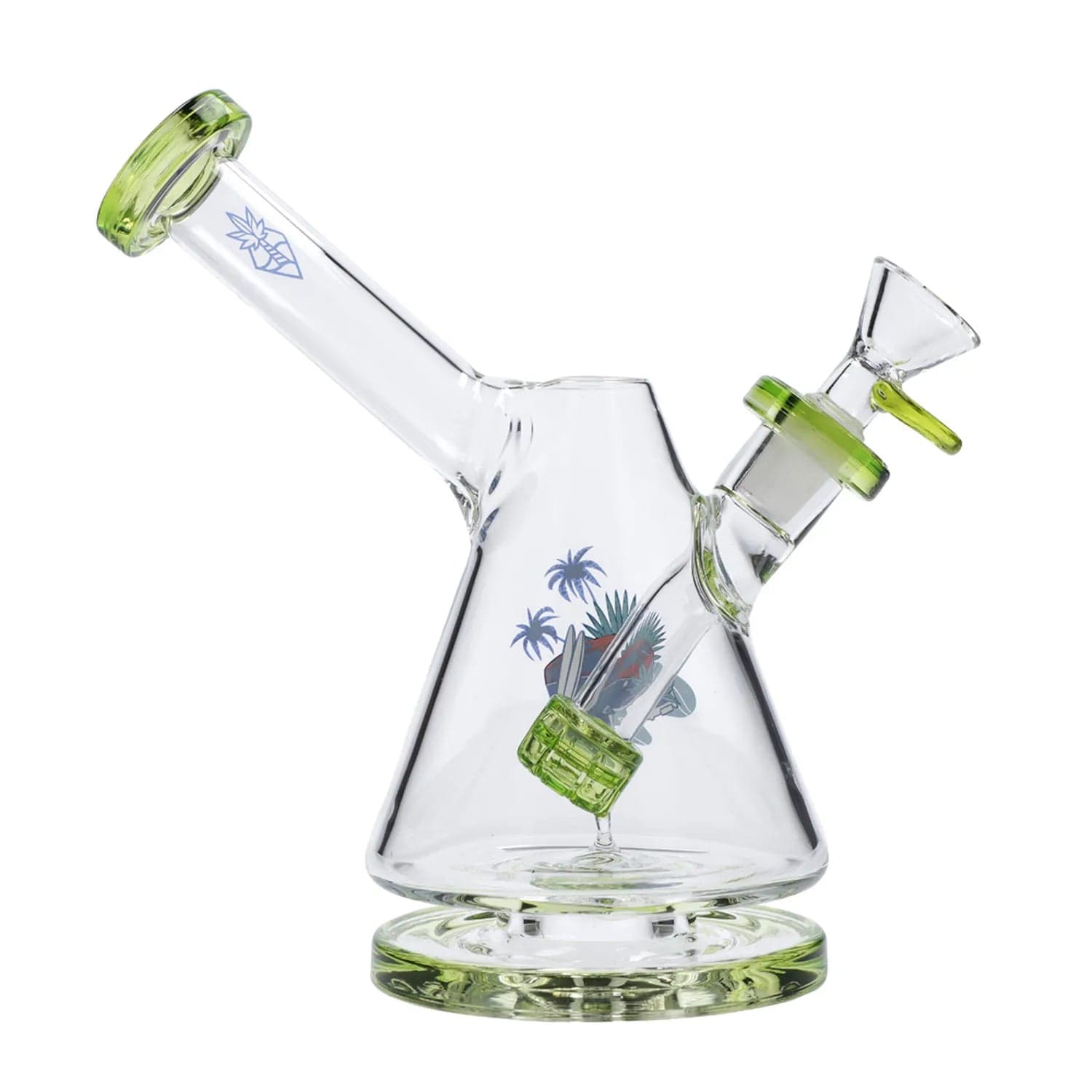 A three-quarter view of the 7-inch Cabana Cannabis Co. Reef Water Pipe in green glass, showcasing its unique curved design.