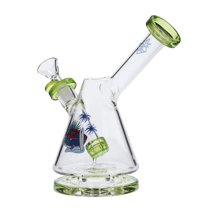 A three-quarter view of the 7-inch Cabana Cannabis Co. Reef Water Pipe in green, showing its detailed base and clear glass construction.