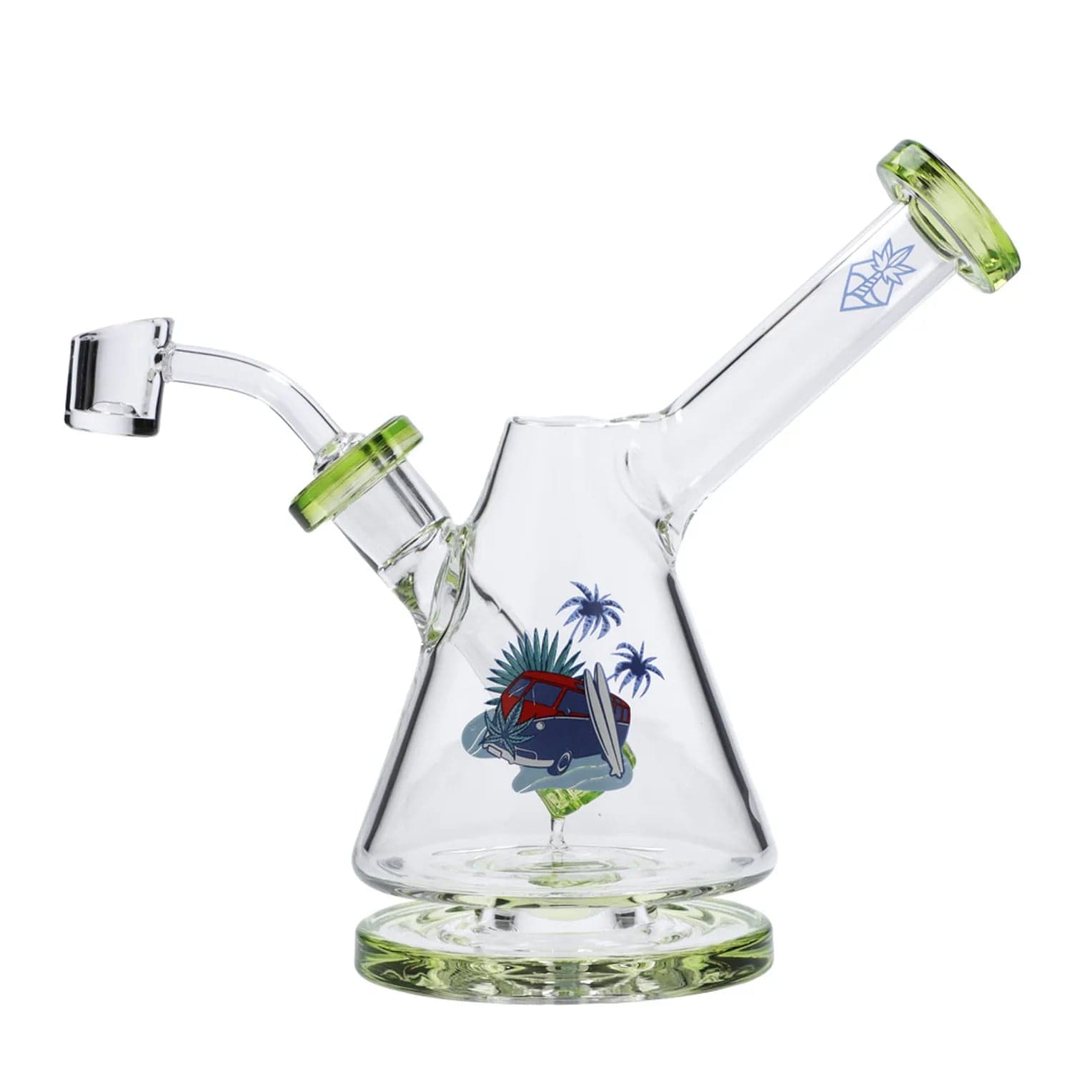 A three-quarter view of the 7-inch Cabana Cannabis Co. Reef Water Pipe in green glass, showing its curved neck and rounded base.