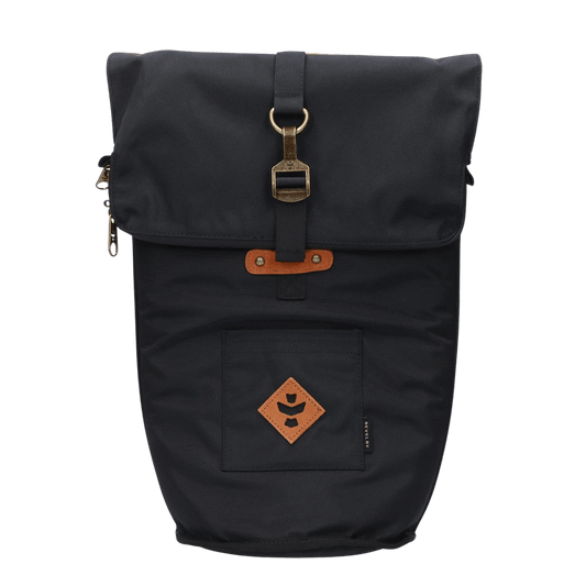 Front view of the Revelry Defender Bong Storage Bag in black, featuring a zippered closure and carrying handle.