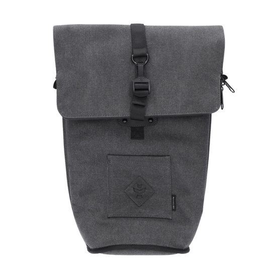 A slightly angled, close-up view of the Revelry Defender Bong Storage Bag Smoke, showing a dark-colored, zippered carrying case with straps.