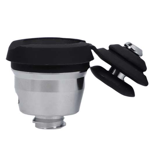 A close-up, angled view of the black Puffco New Peak 3D Chamber, showing its unique, sculpted design.