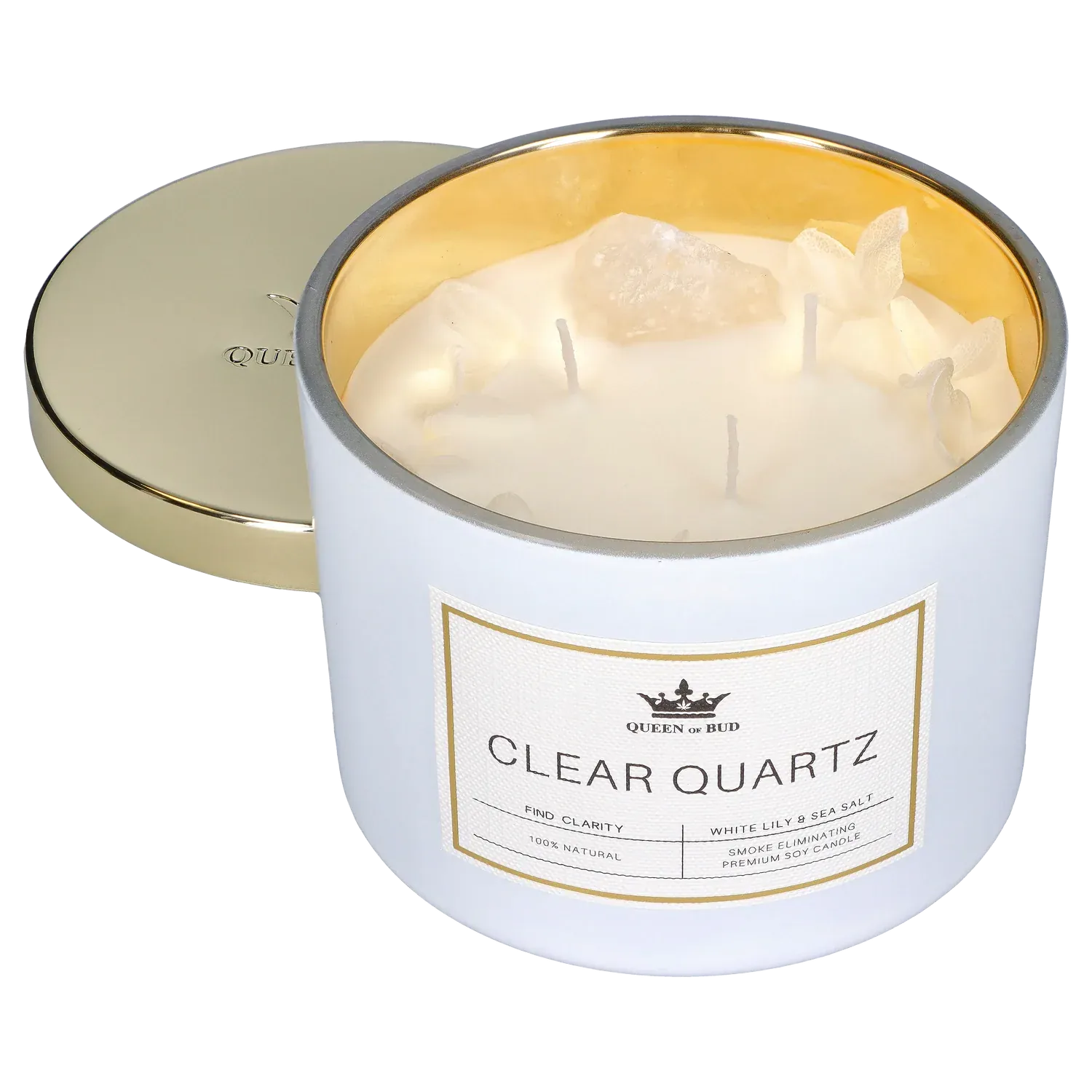 Close three-quarter view of the Queen of Bud: Clarity Ritual Box – Candle, Zippo, and Crystal showing a white jar candle with gold interior, visible clear quartz pieces, three wicks, and the gold lid set beside it