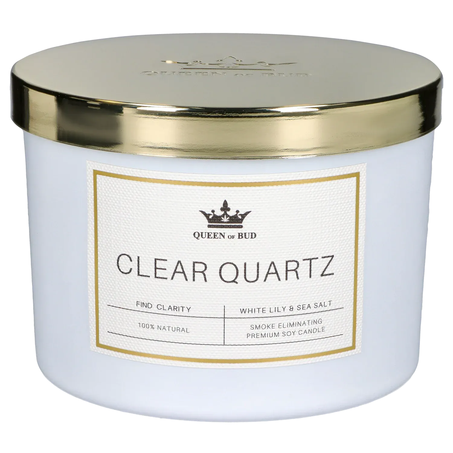 Close-up front view of the Queen of Bud: Clarity Ritual Box – Candle, Zippo, and Crystal showing a white jar labeled "CLEAR QUARTZ" with a reflective gold lid.