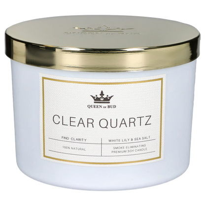 Close-up front view of the Queen of Bud: Clarity Ritual Box – Candle, Zippo, and Crystal showing a white jar labeled "CLEAR QUARTZ" with a reflective gold lid.