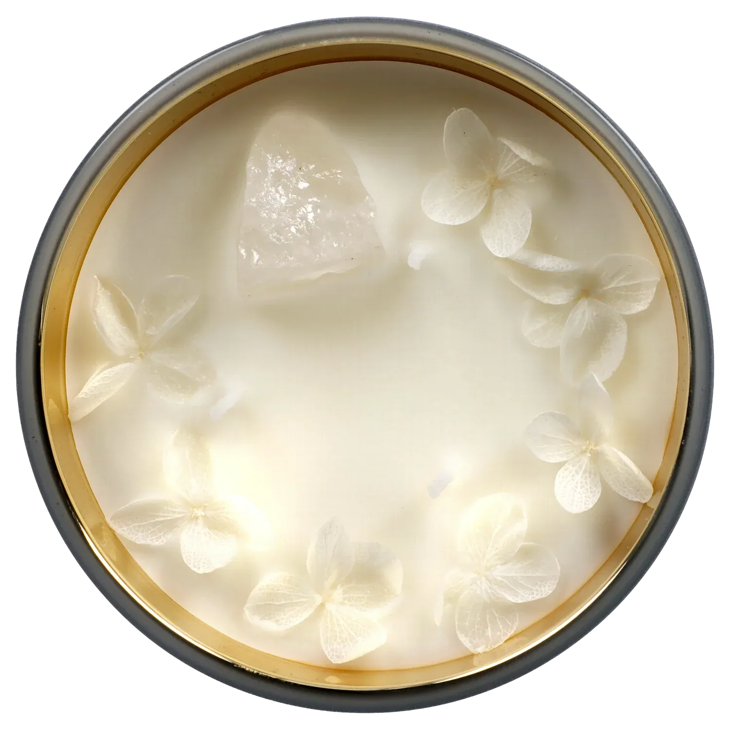 Top-down view of the Queen of Bud: Clarity Ritual Box – Candle, Zippo, and Crystal showing a creamy white candle surface with a central clear crystal and delicate pressed white flowers.