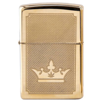 Front view of the Queen of Bud Golden Lines of Triumph Zippo, featuring a textured gold finish and rectangular shape.