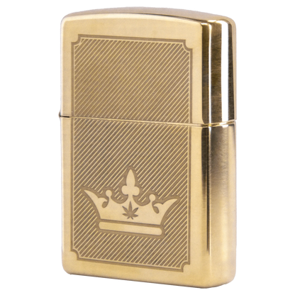 Front view of the Queen of Bud Golden Lines of Triumph Zippo, showcasing its gold-toned metallic finish and vertical line pattern.