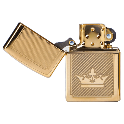 The open Queen of Bud Golden Lines of Triumph Zippo lighter is shown in a three-quarter view, displaying its golden metallic finish.