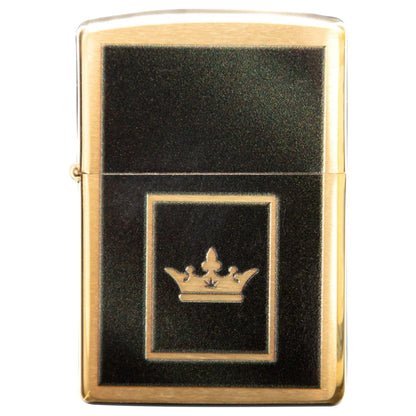 Front view of the Queen of Bud Black Obsidian Flame of Dreams Zippo, showing a black lighter with metallic trim.