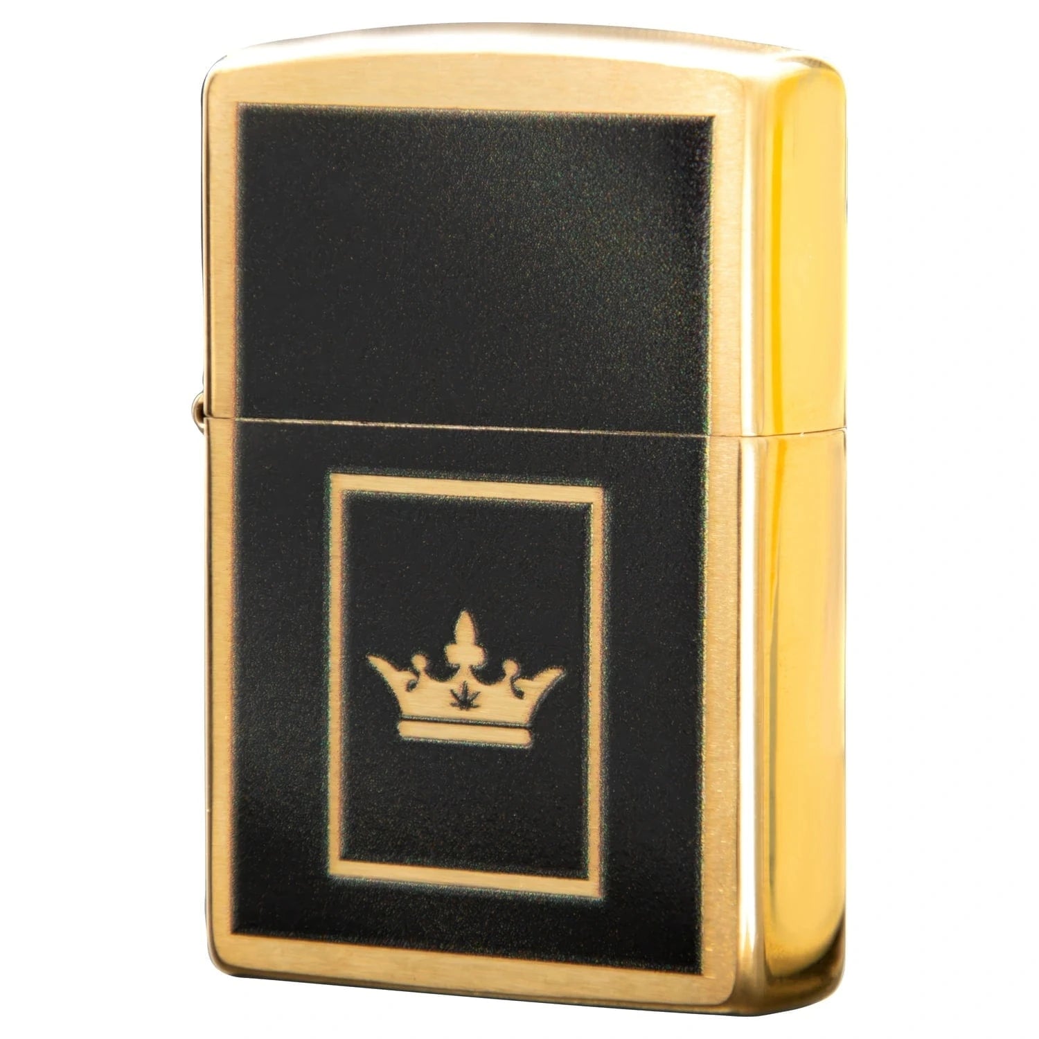 Front view of the Queen of Bud Black Obsidian Flame of Dreams Zippo, showcasing its sleek, black finish and metallic frame.