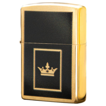 Front view of the Queen of Bud Black Obsidian Flame of Dreams Zippo, showcasing its sleek, black finish and metallic frame.