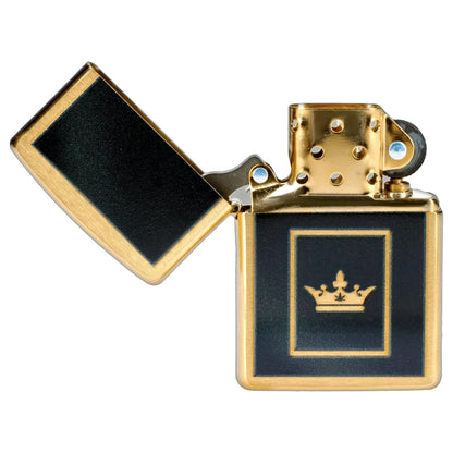 Open view of the Queen of Bud Black Obsidian Flame of Dreams Zippo, revealing its black interior and metallic gold finish.