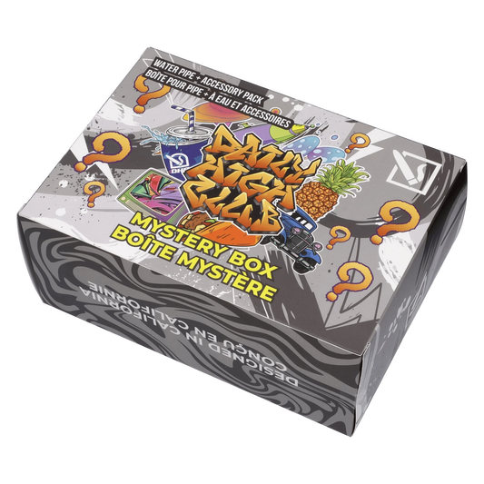 Front view of the DHC - Mystery Box - No Cap - Grey, showcasing a graphic design with colorful fruit images on a dark gray surface.