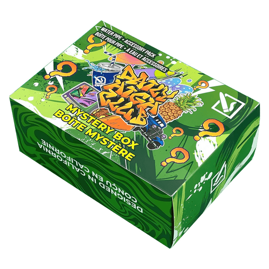 Front view of the DHC - Mystery Box - Gumdrop - Green, showcasing a vibrant green box with illustrative details.