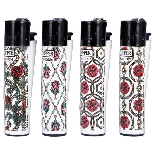 A close-up, angled shot of the Clipper Lighter Rose and Gold, showcasing its floral pattern on a metallic finish.