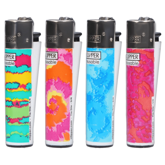 A close-up shows the colorful, tie-dye patterned Clipper Lighter with a slightly angled perspective against a plain background.
