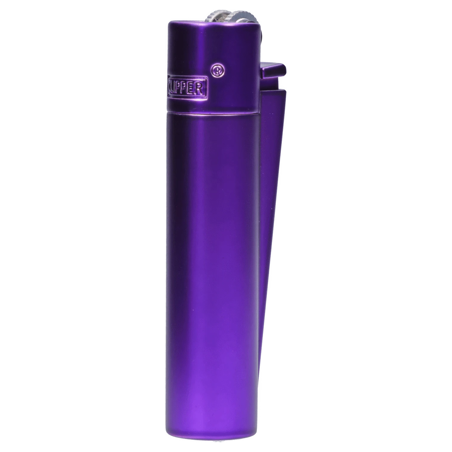 A side view of the Metal Purple Rain Lighter, showing its metallic sheen and sleek, compact design.