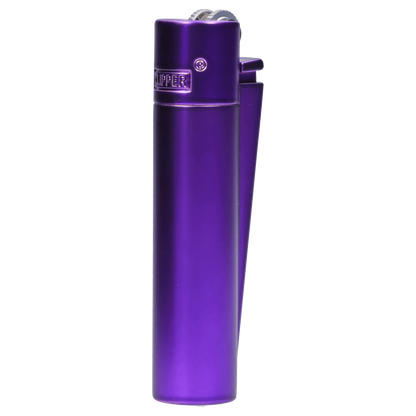 A side view of the Metal Purple Rain Lighter, showing its metallic sheen and sleek, compact design.
