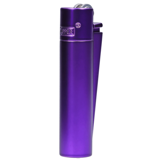 A side view of the Metal Purple Rain Lighter, showing its metallic sheen and sleek, compact design.