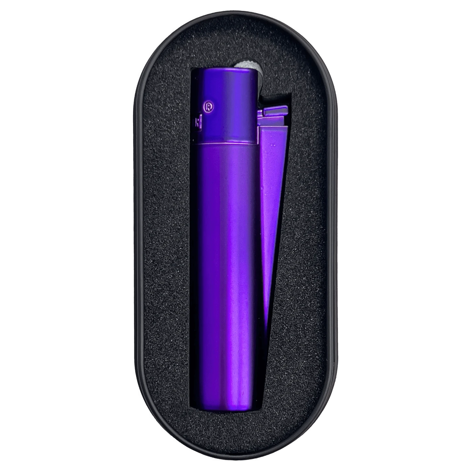 Front view of the Metal Purple Rain Lighter encased in a black box, highlighting its sleek, purple metallic finish.