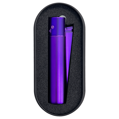 Front view of the Metal Purple Rain Lighter encased in a black box, highlighting its sleek, purple metallic finish.
