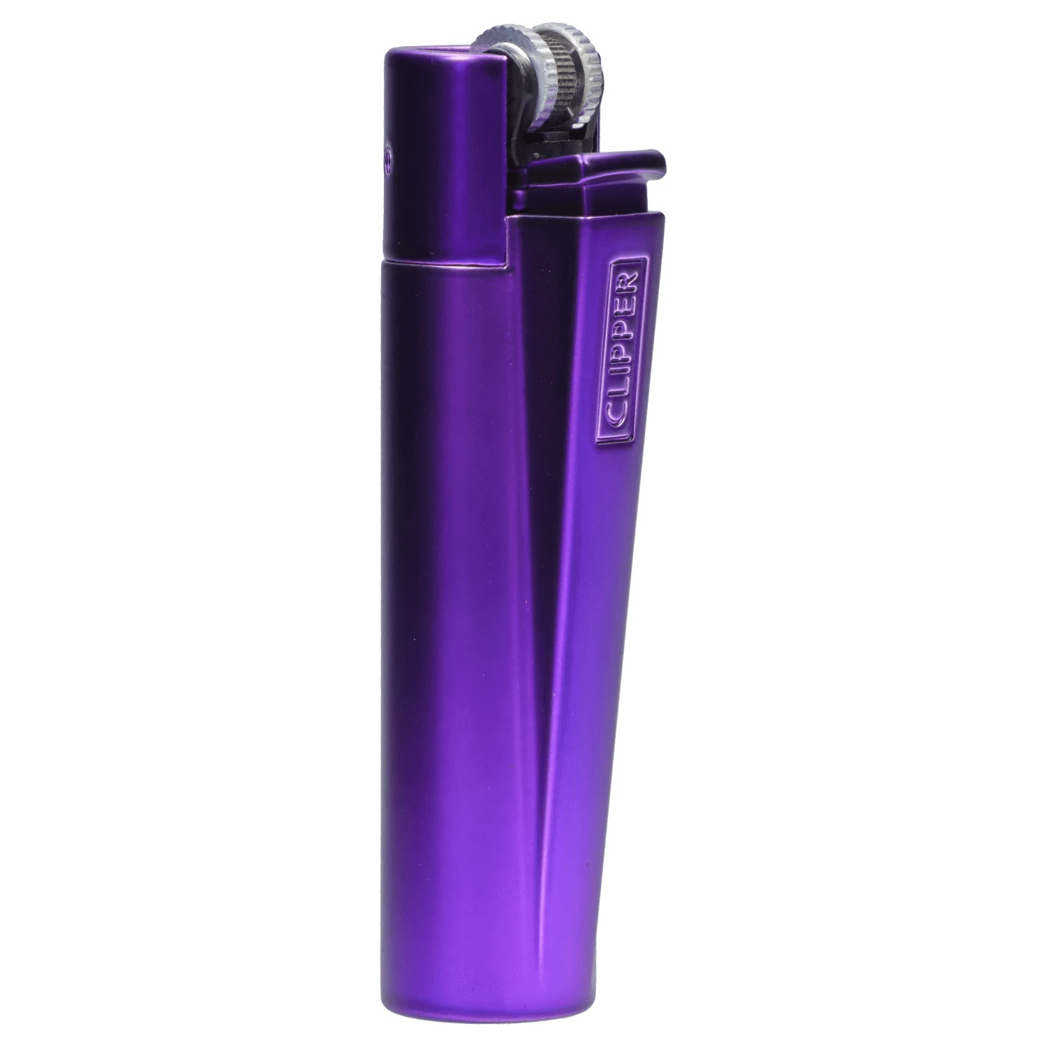 A close-up, angled view of the Metal Purple Rain Lighter, showcasing its metallic sheen and slim profile.