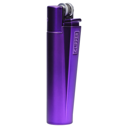 A close-up, angled view of the Metal Purple Rain Lighter, showcasing its metallic sheen and slim profile.