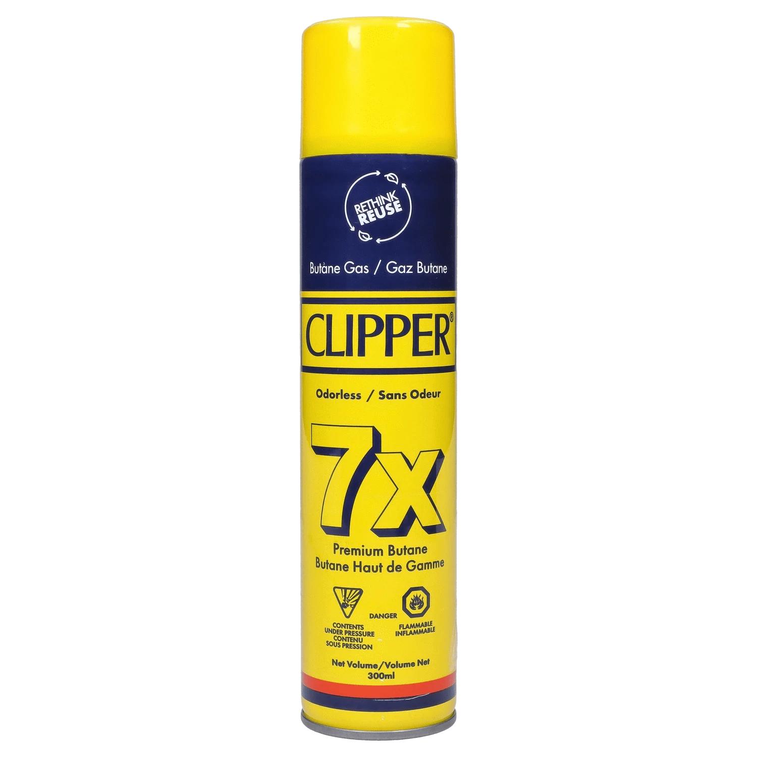 Straight-on studio view of a tall yellow can labeled Clipper Butane Yellow – 300ml with bold navy and yellow graphics.