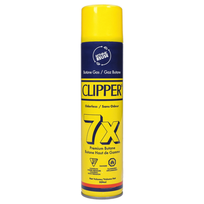 Straight-on studio view of a tall yellow can labeled Clipper Butane Yellow – 300ml with bold navy and yellow graphics.