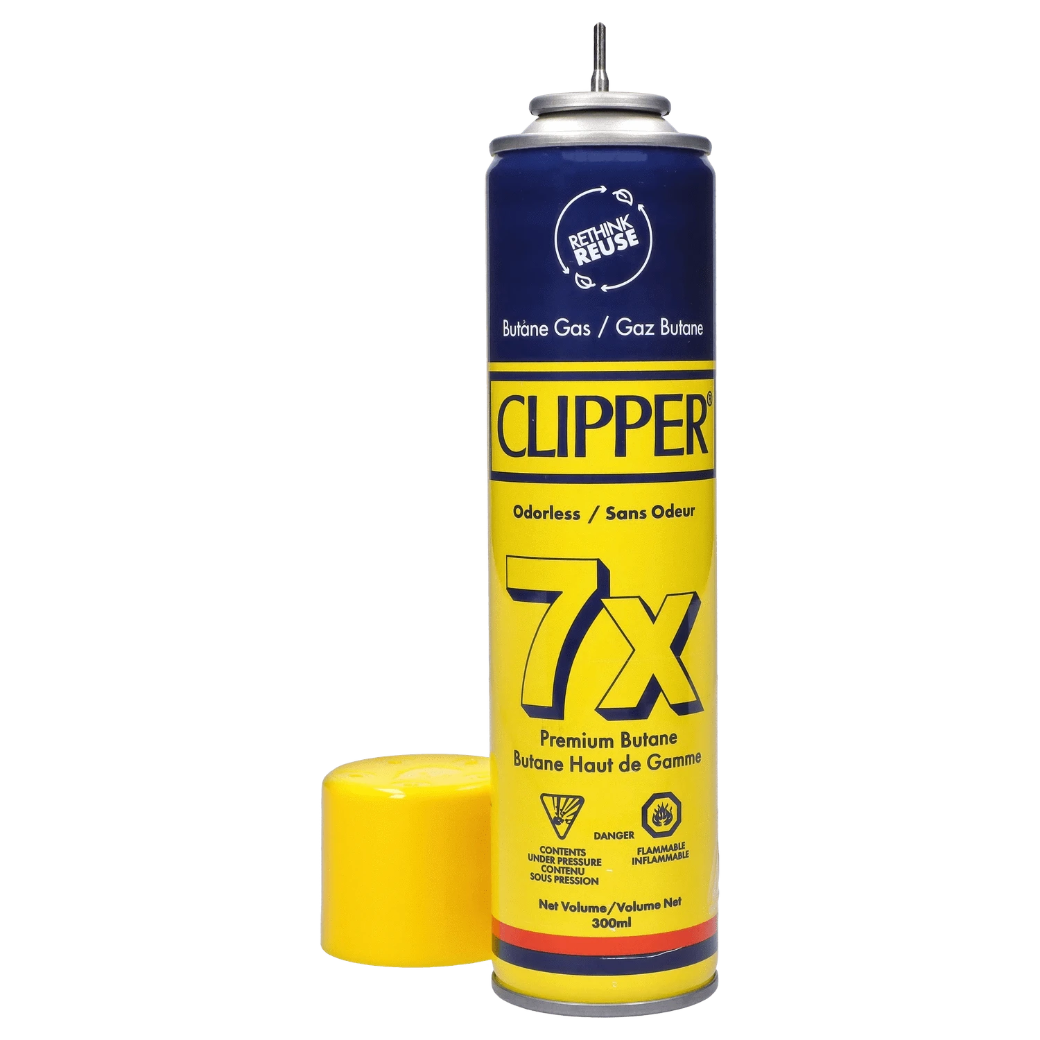 Close-up, front view of a yellow and blue 300ml Clipper Butane Yellow – 300ml can with its yellow cap beside it.