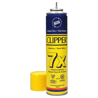 Close-up, front view of a yellow and blue 300ml Clipper Butane Yellow – 300ml can with its yellow cap beside it.