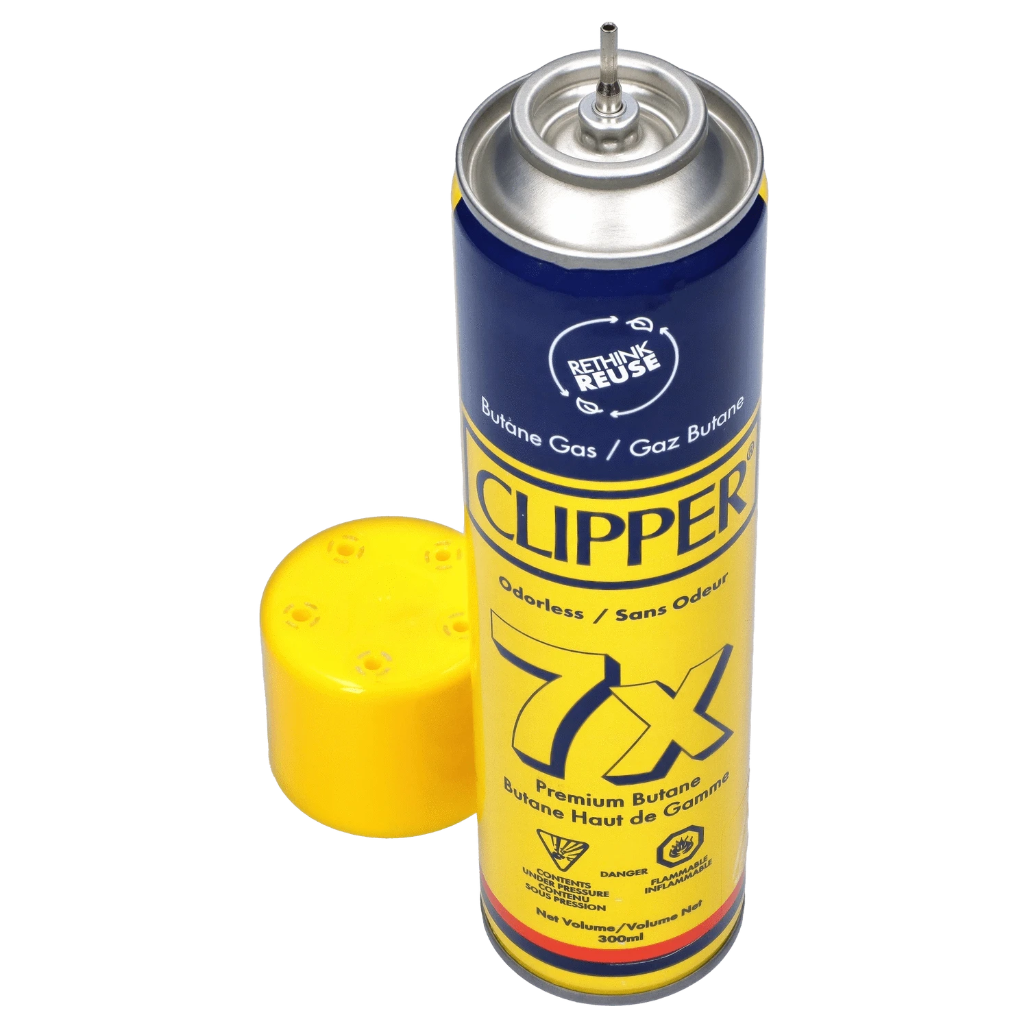 Angled top-down view of a yellow and blue 300ml Clipper Butane Yellow can with its yellow cap set beside it.