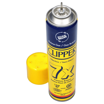Angled top-down view of a yellow and blue 300ml Clipper Butane Yellow can with its yellow cap set beside it.