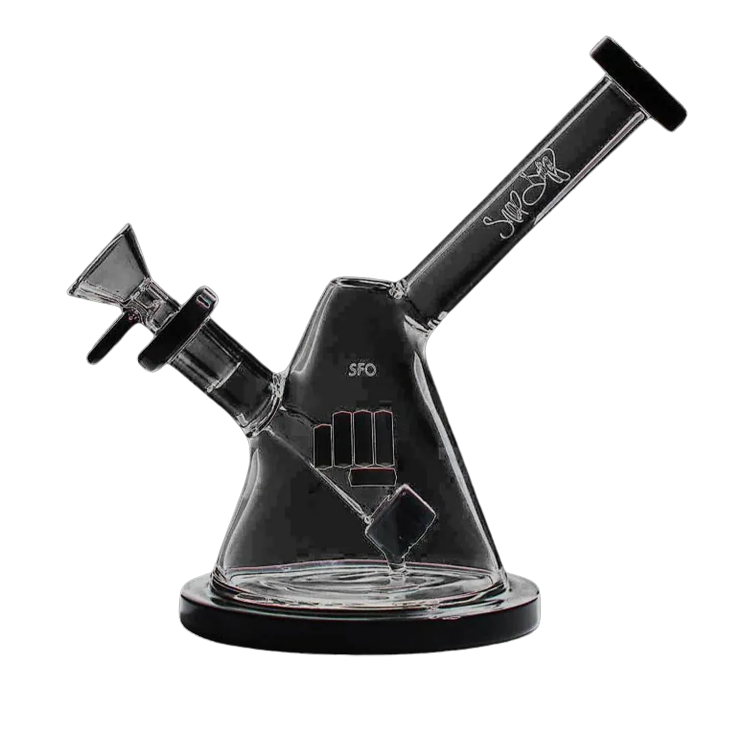 Angled close-up of the black Snoop Dogg Pounds-SFO Water Pipe-Black showing its slanted mouthpiece, triangular water chamber, and SFO logo.
