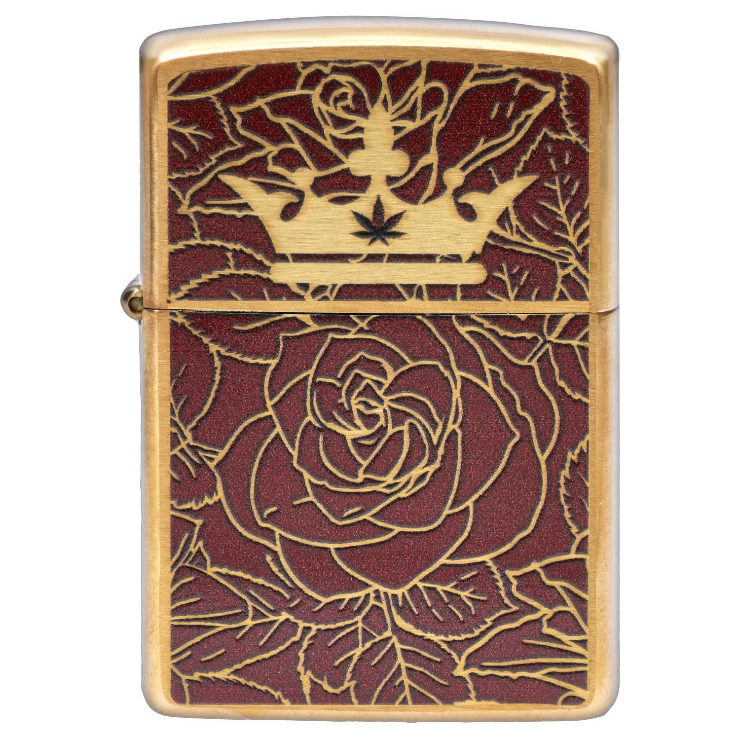 Close-up front view of the Queen of Bud Zippo Red Jasper Passionate Rose showing gold-etched roses and a crown motif on textured red background