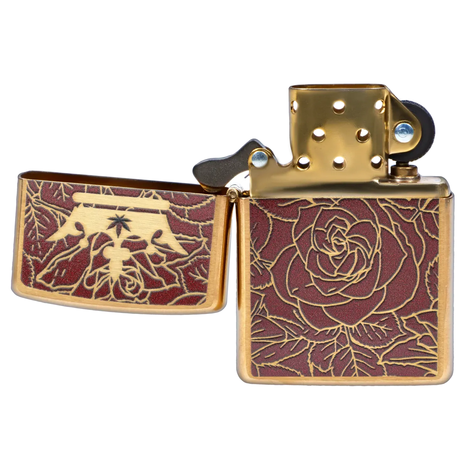 Close-up front view of the open Queen of Bud Zippo Red Jasper Passionate Rose showing gold hardware and etched red jasper rose and emblem panels.