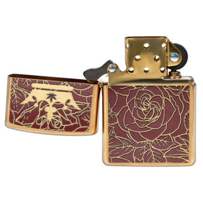 Close-up front view of the open Queen of Bud Zippo Red Jasper Passionate Rose showing gold hardware and etched red jasper rose and emblem panels.