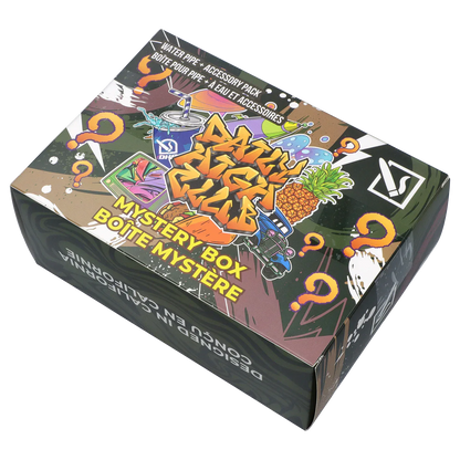 Angled top-down view of the colorful DHC - Mystery Box - Chronic Curse with graffiti art, pineapple and question marks on the lid.