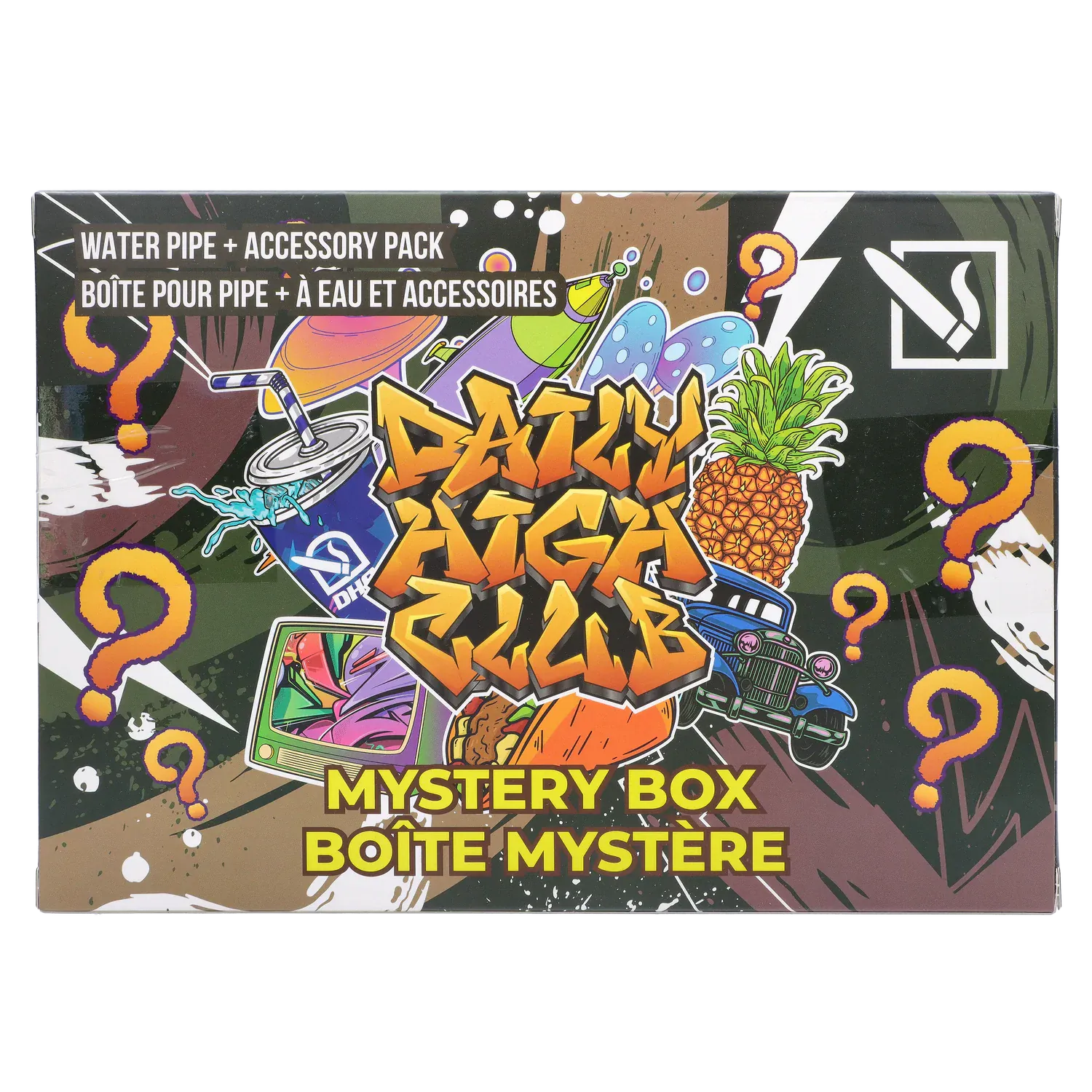 Top-front view of a colorful graffiti-style box labeled DHC - Mystery Box - Chronic Curse with question marks, pineapple and retro car graphics.