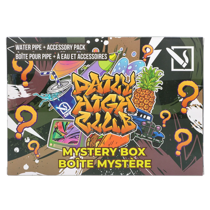 Top-front view of a colorful graffiti-style box labeled DHC - Mystery Box - Chronic Curse with question marks, pineapple and retro car graphics.