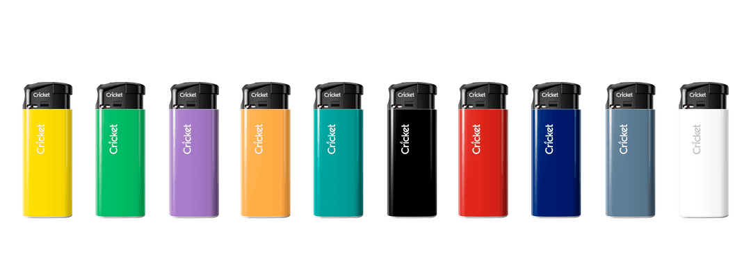 A lineup of Cricket Lighter T50 Essentials in various colors, shown against a plain white background in a straightforward product shot.