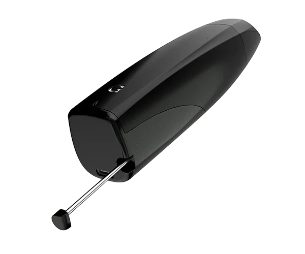 A three-quarter view of the G Pen Elite Dry Herb Vaporizer in black, angled slightly upwards against a plain white background.