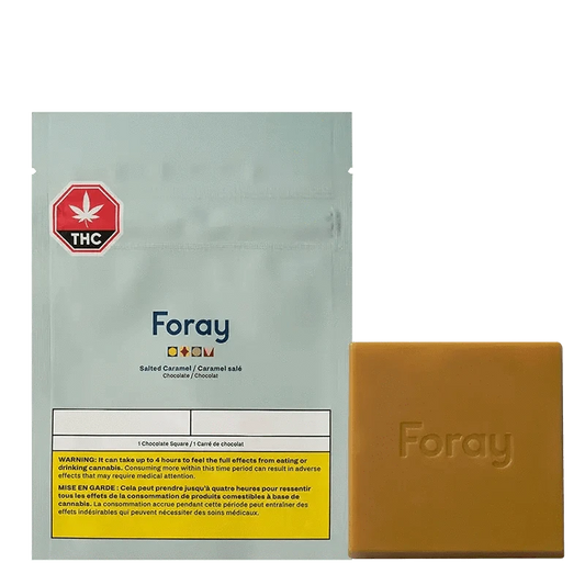 Foray Salted Caramel square, viewed from a slight angle, with a dark background and white branding.