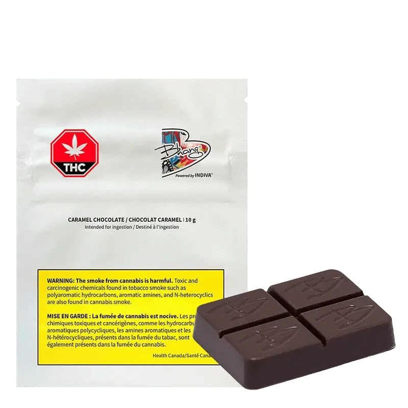 Caramel Chocolate THC:CBD is displayed in a warning graphic with text in French, highlighting potential health risks.