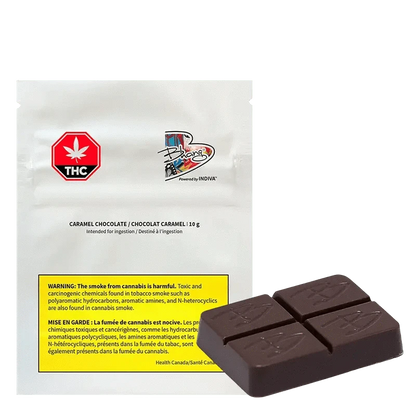 Caramel Chocolate THC:CBD is displayed in a warning graphic with text in French, highlighting potential health risks.